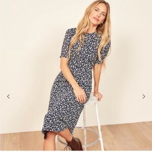 Reformation Blue and White Puff Sleeve Midi Dress